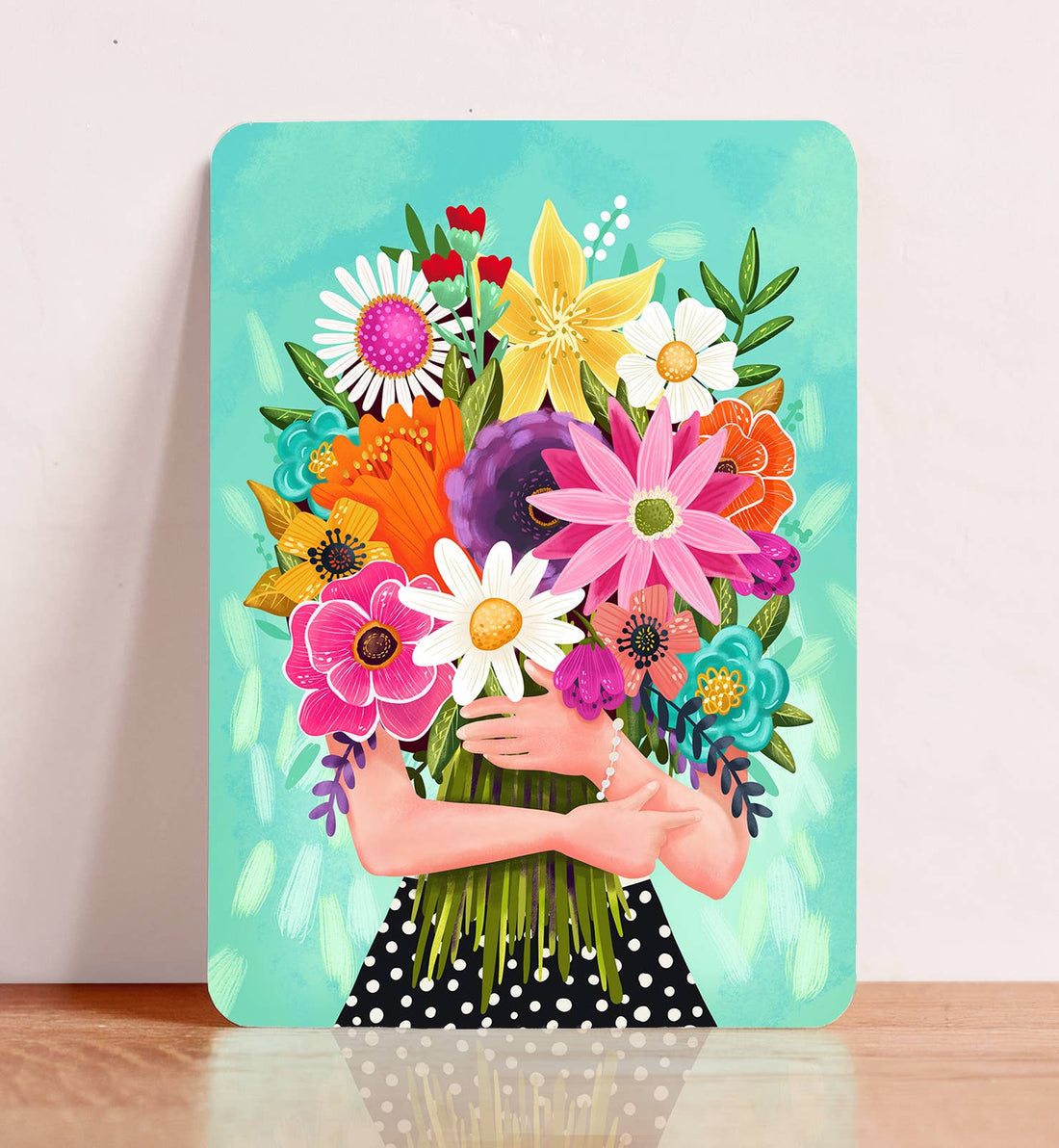 Kaart vrouw met een boeket kleurrijke bloemen | Kaart Aniet Illustration