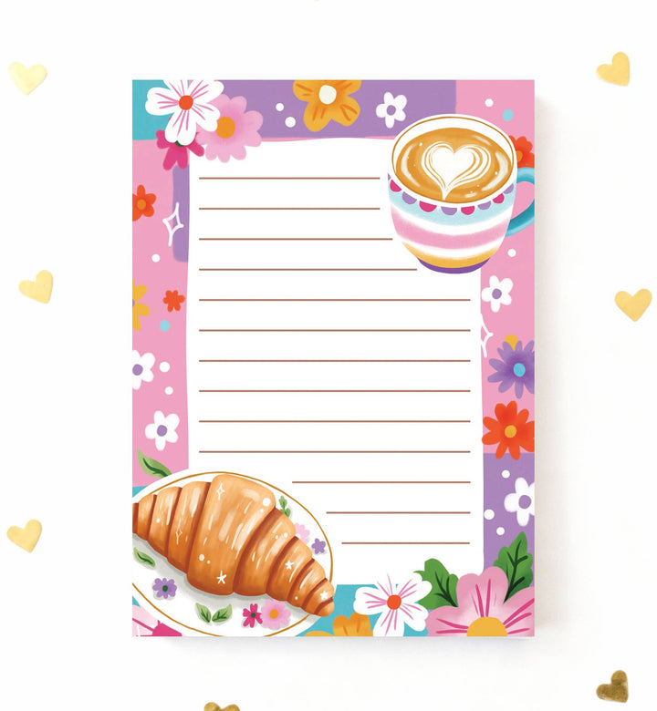 Notitieblok A6 croissant koffie bloemen vrolijk