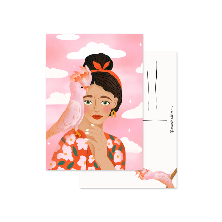 Ansichtkaart - illustratie vrouw met papegaai