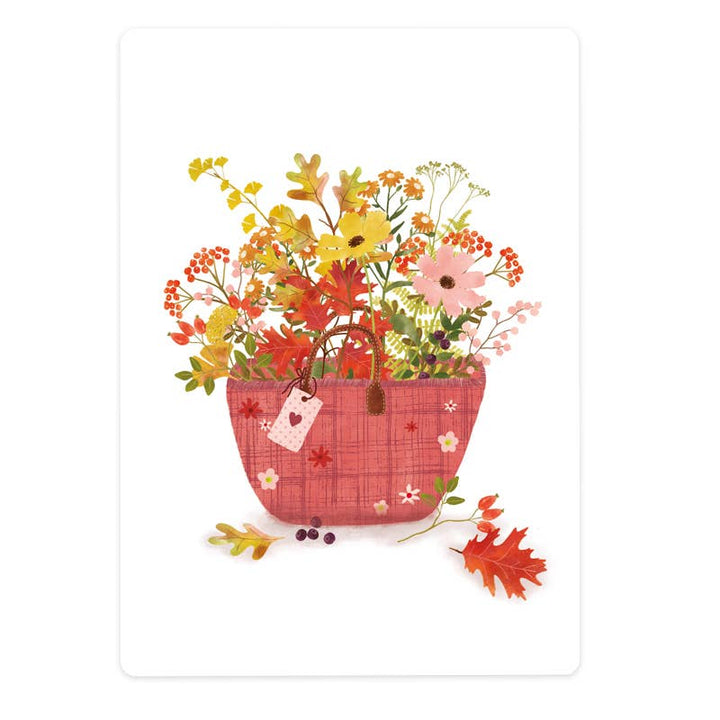 Kaart 'autumn flowers in a pink raffia bag' | Kaart The Lemonbird