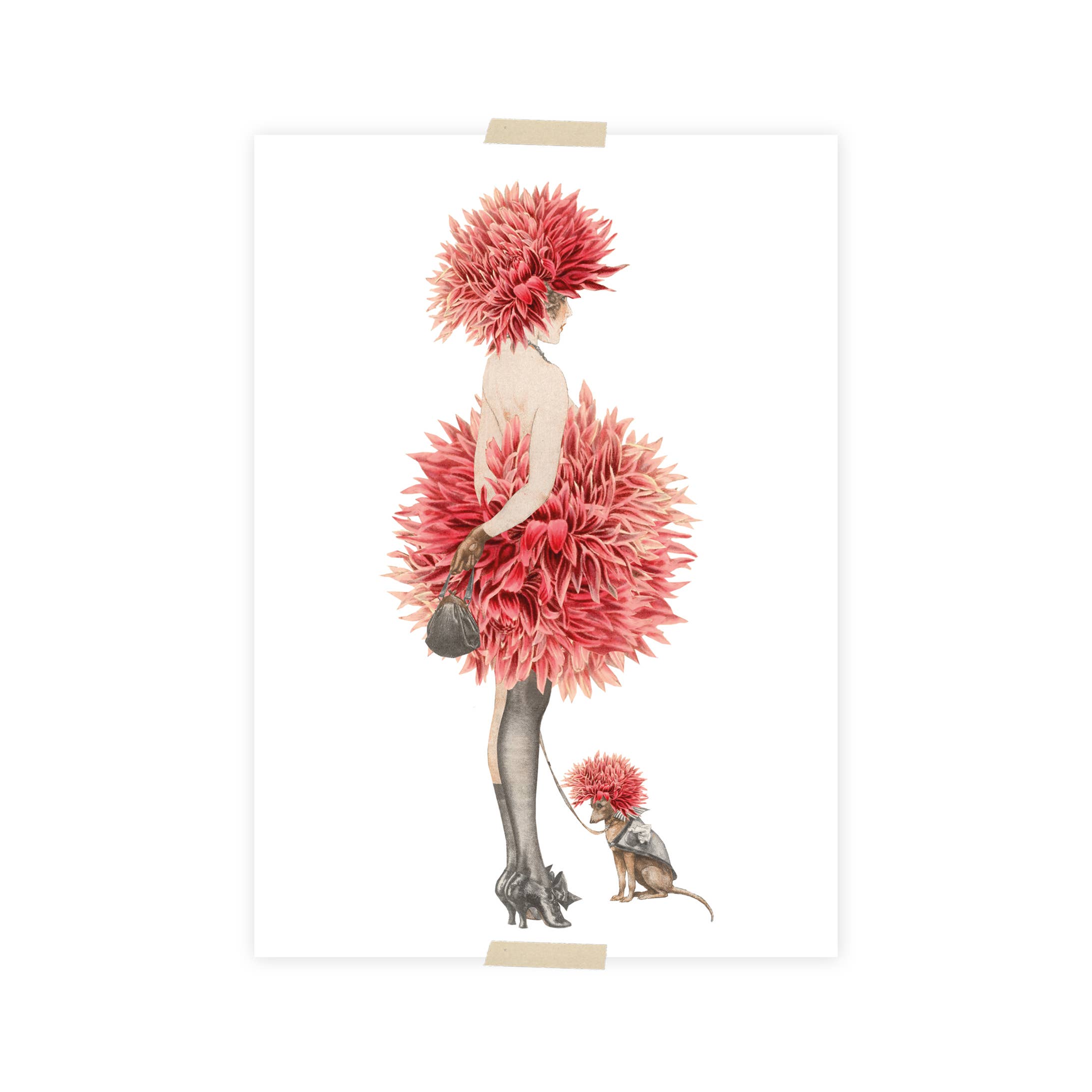 Postcard collage dametje en hondje met chrysantenjurk