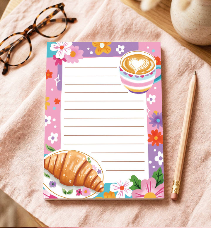 Notitieblok A6 croissant koffie bloemen vrolijk