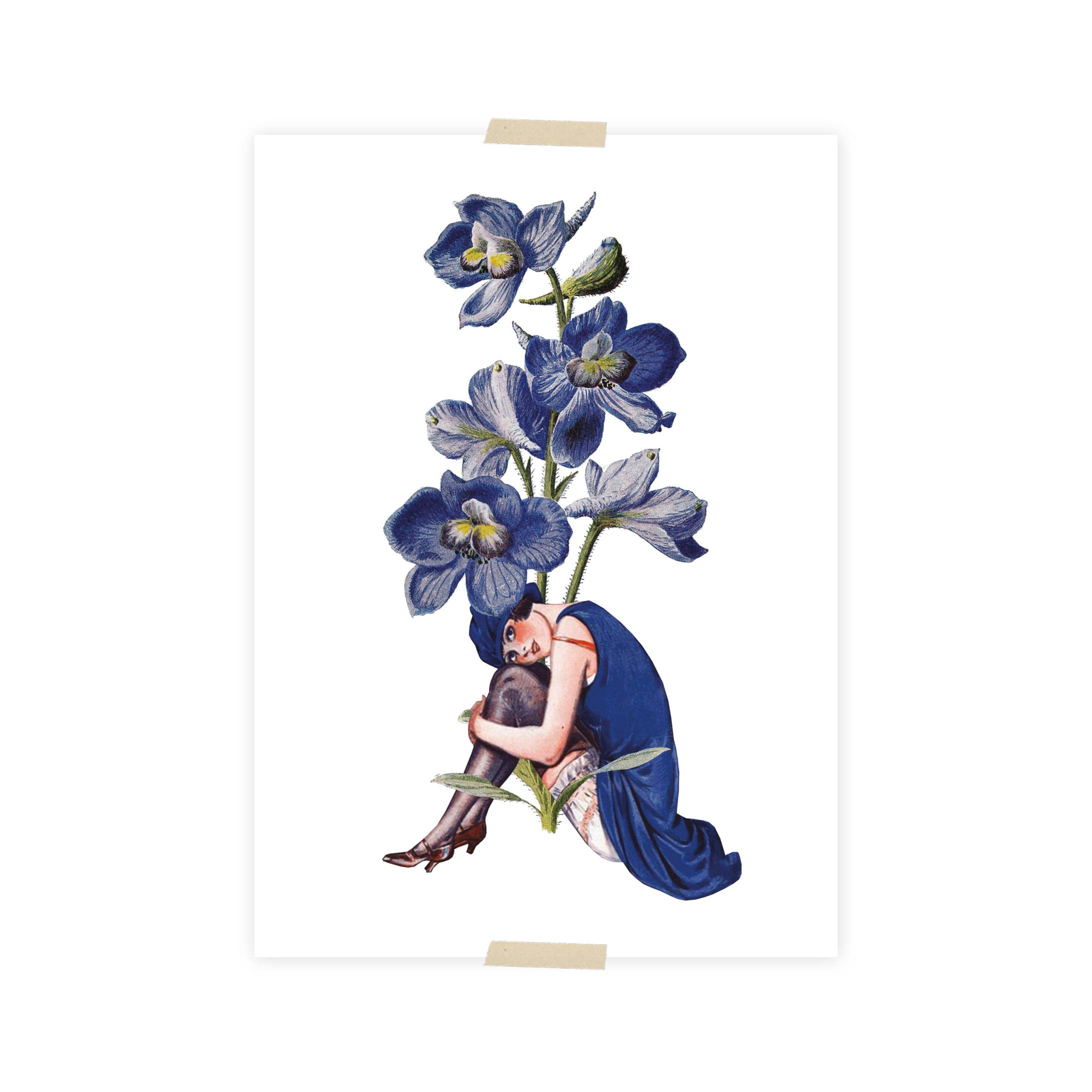 Postcard collage dametje zittend onder blauwe iris
