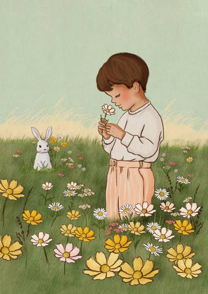 Ansichtkaart Bloemenveld Jongen | Kaart Belle & Boo