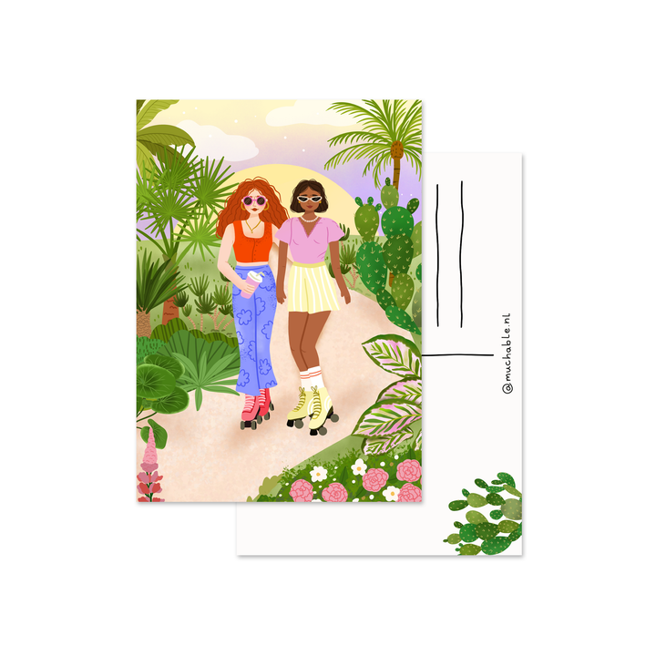 Ansichtkaart - illustratie vrouwen rolschaatsen natuur