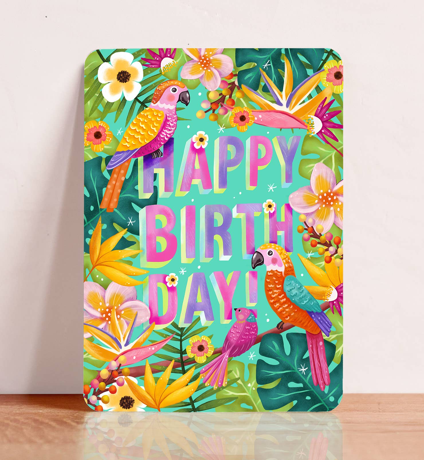 Kaart verjaardag tropische vogels bloemen ansichtkaart