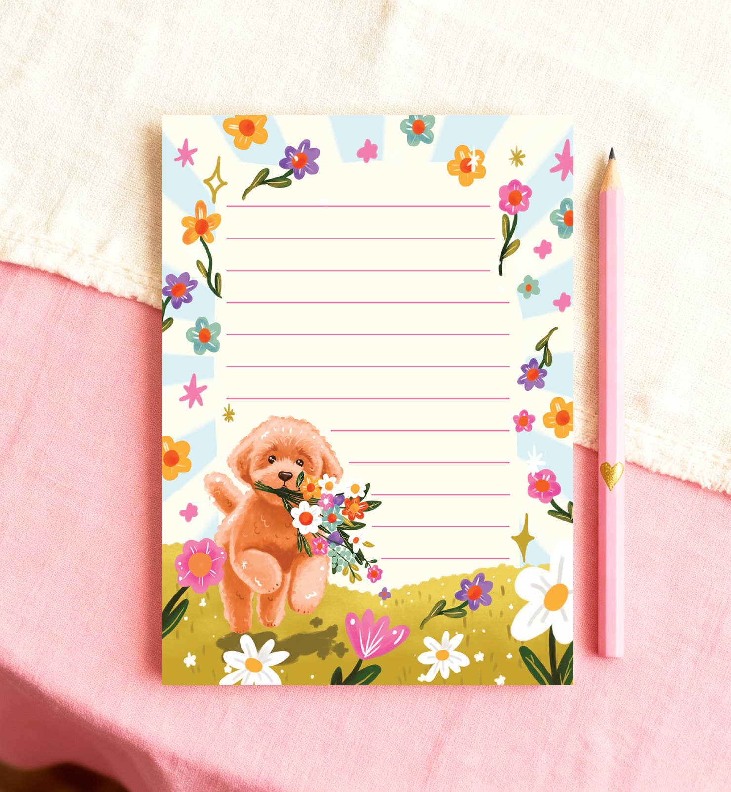 Notitieblok A6 hond labradoodle bloemen vrolijk dieren
