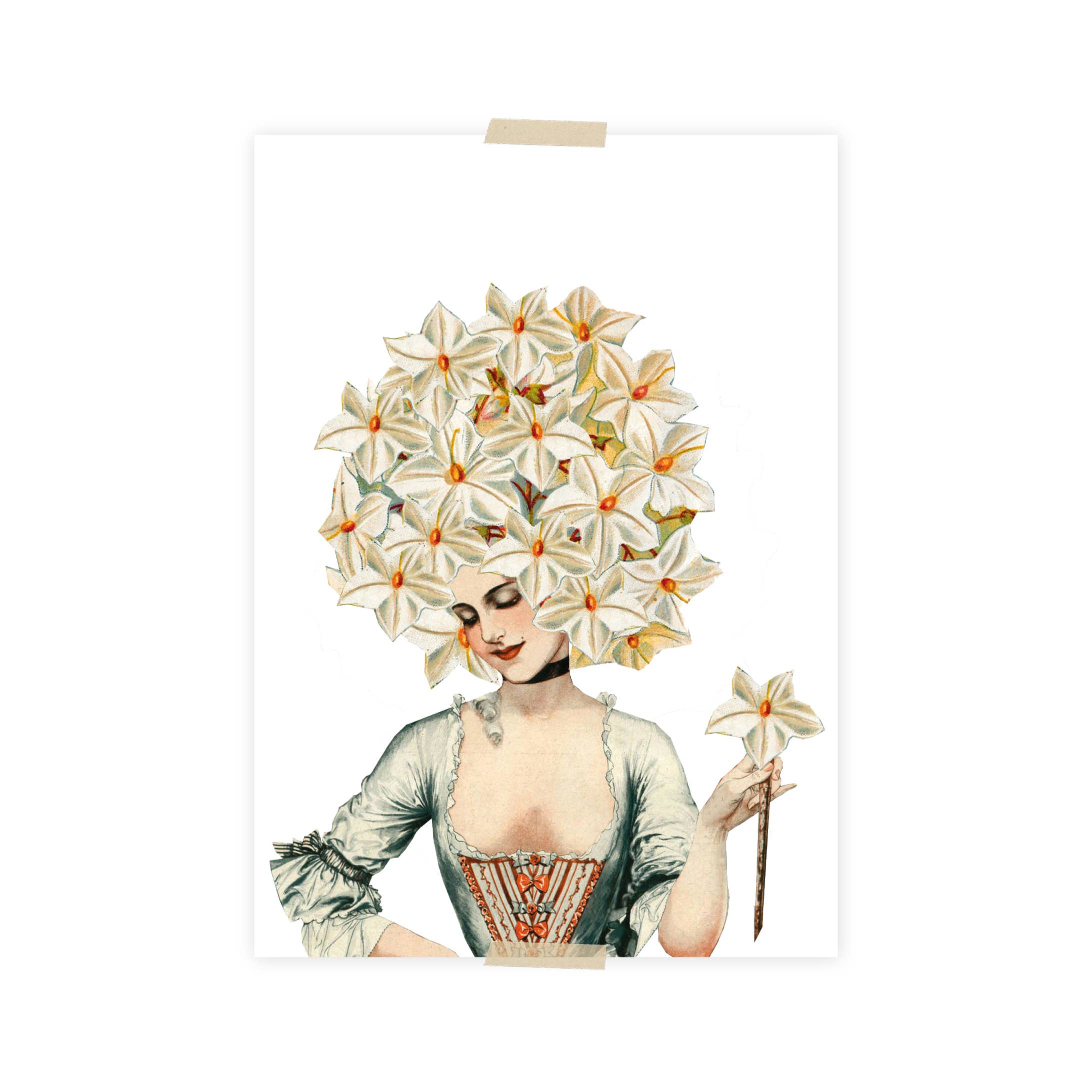 Postcard collage 17e eeuwse dame met bloemenhoofd