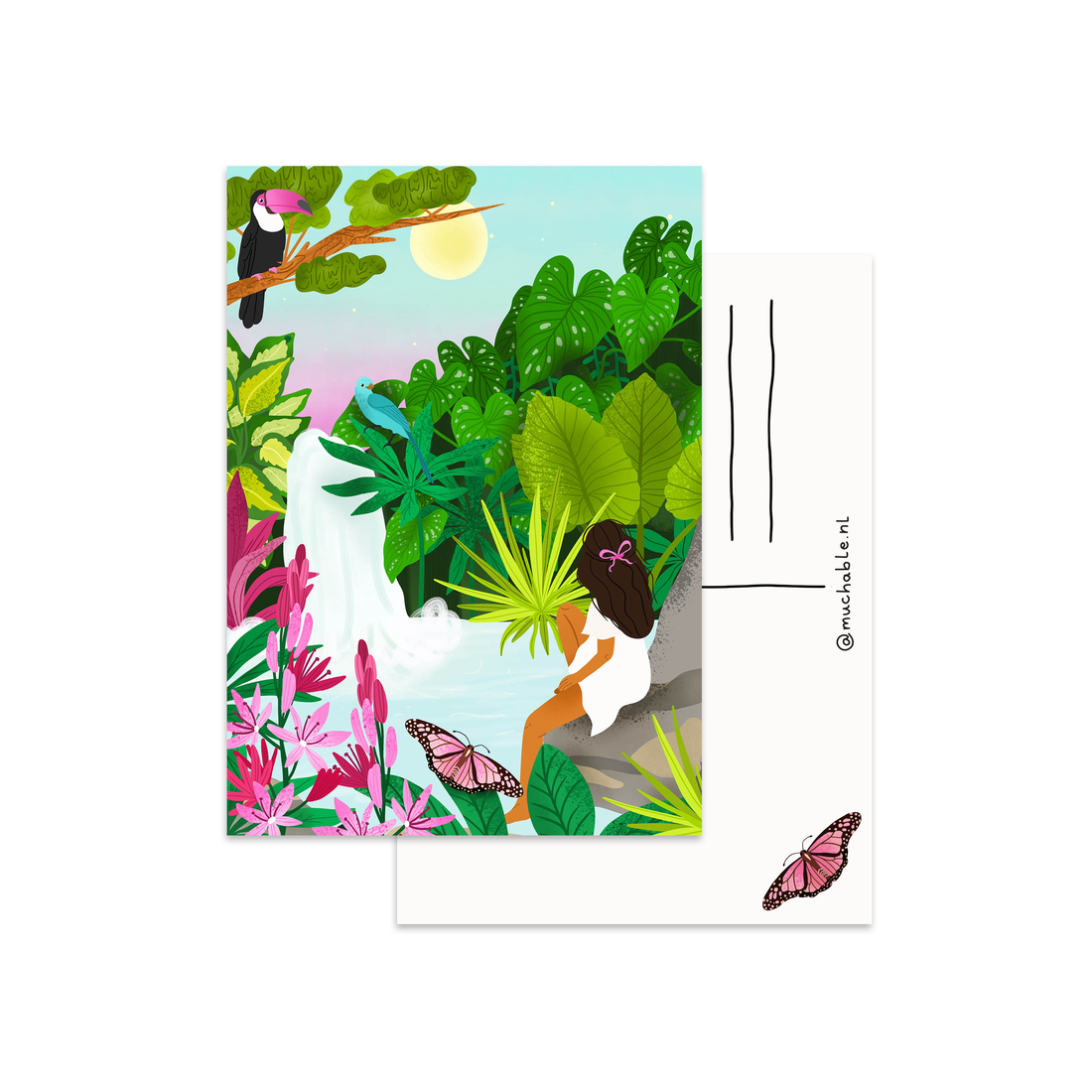 Ansichtkaart - illustratie vrouw bij waterval en jungle