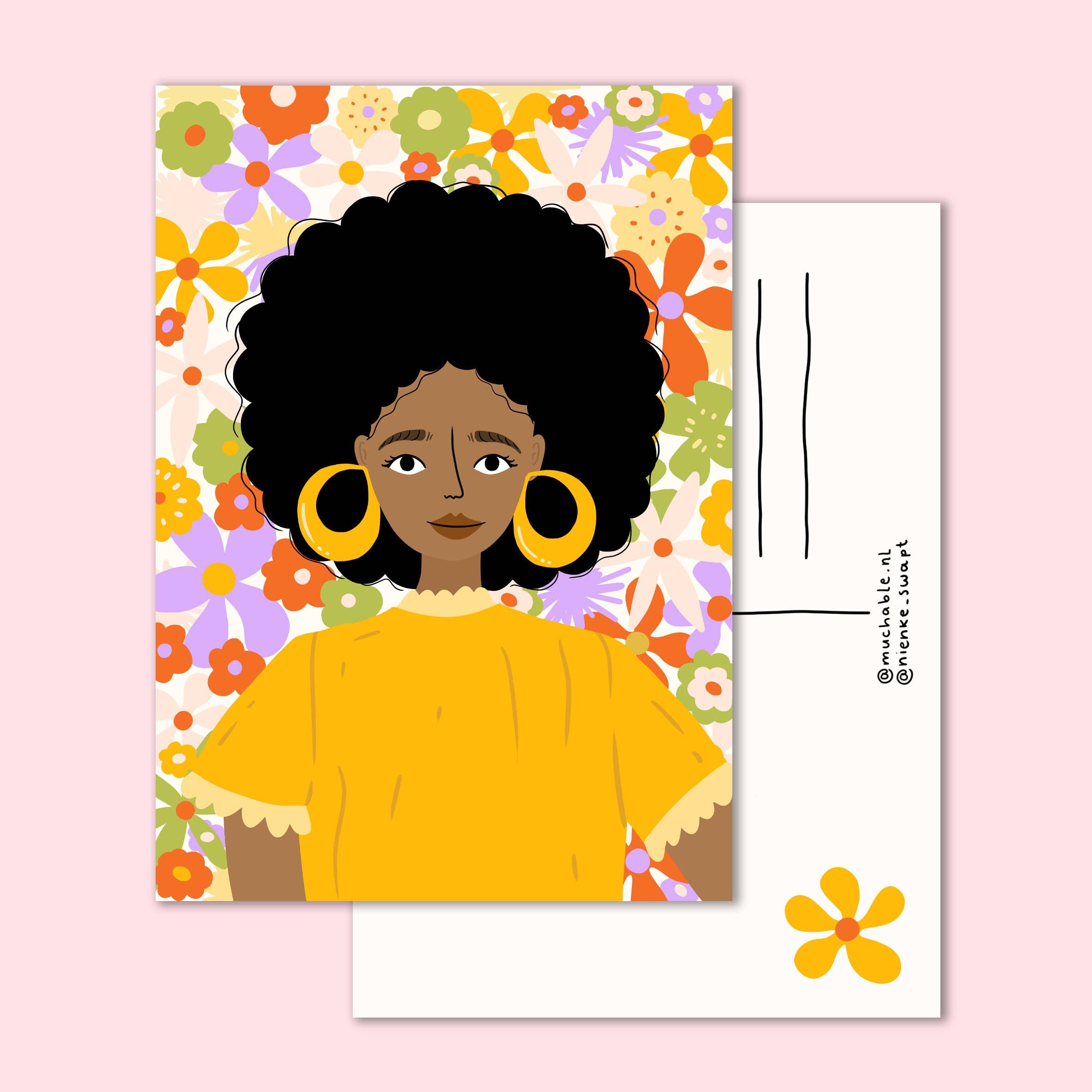 Ansichtkaart girl retro afro portret meisje/vrouw - artprint