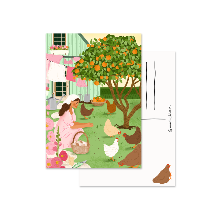 Ansichtkaart - illustratie vrouw in tuin met kippen