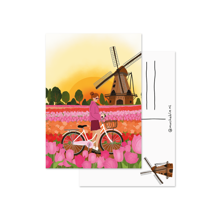 Ansichtkaart - vrouw met fiets in tulpenvelden Amsterdam
