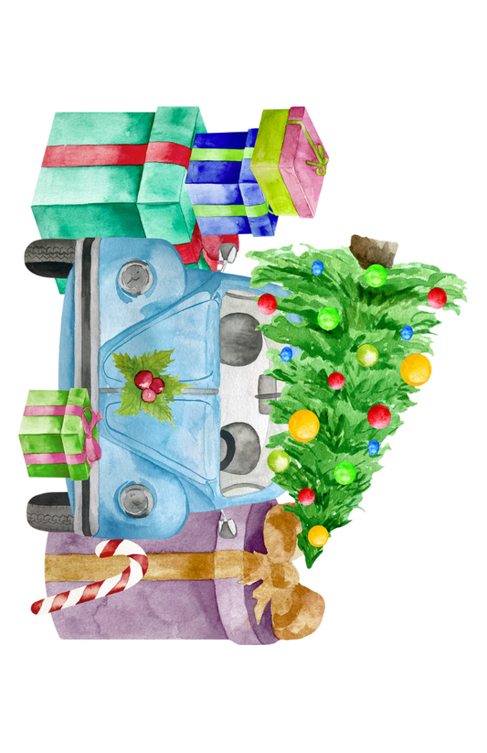Auto met kerstboom en cadeaus | Minikaart Fripperies