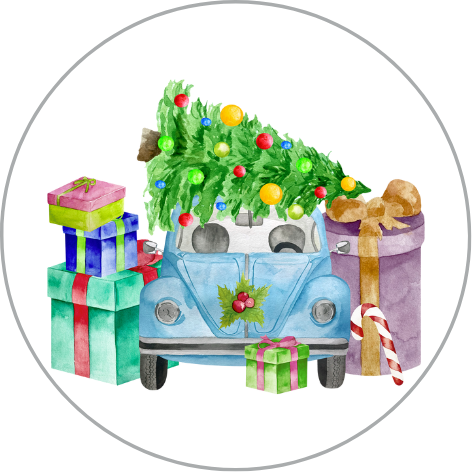 Auto mit Weihnachtsbaum und Geschenken | Verschlussaufkleber 10 Stk.