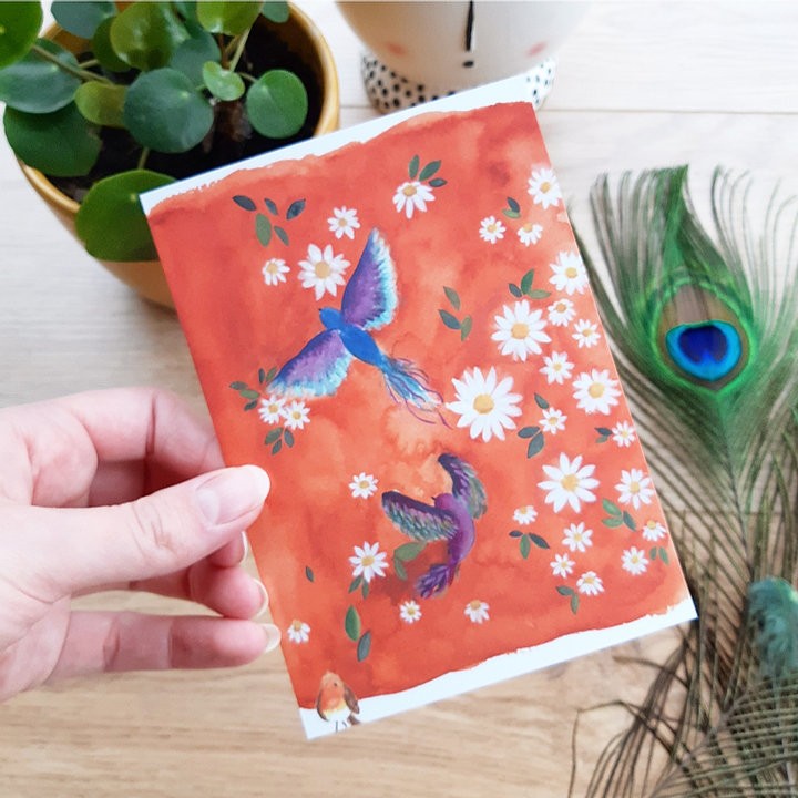 Vogels in de madeliefjes | Postkaart A6 Romyillustrations