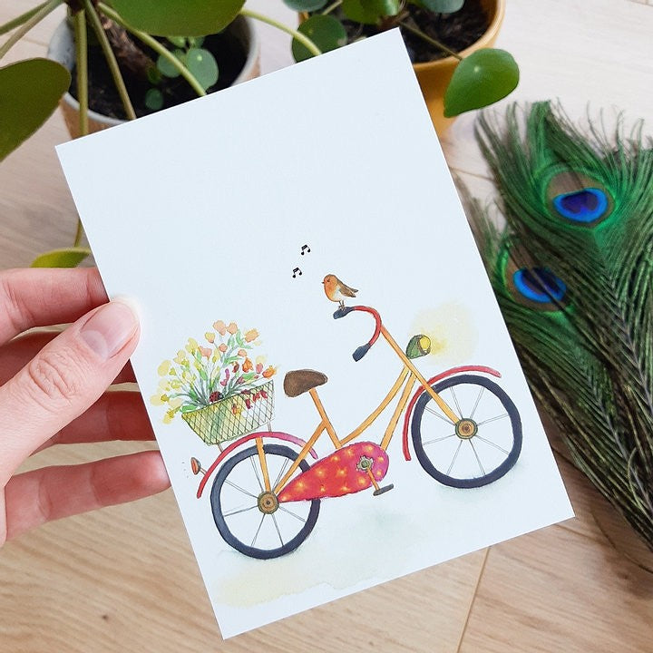 Fiets met roodborstje | Postkaart A6 Romyillustrations